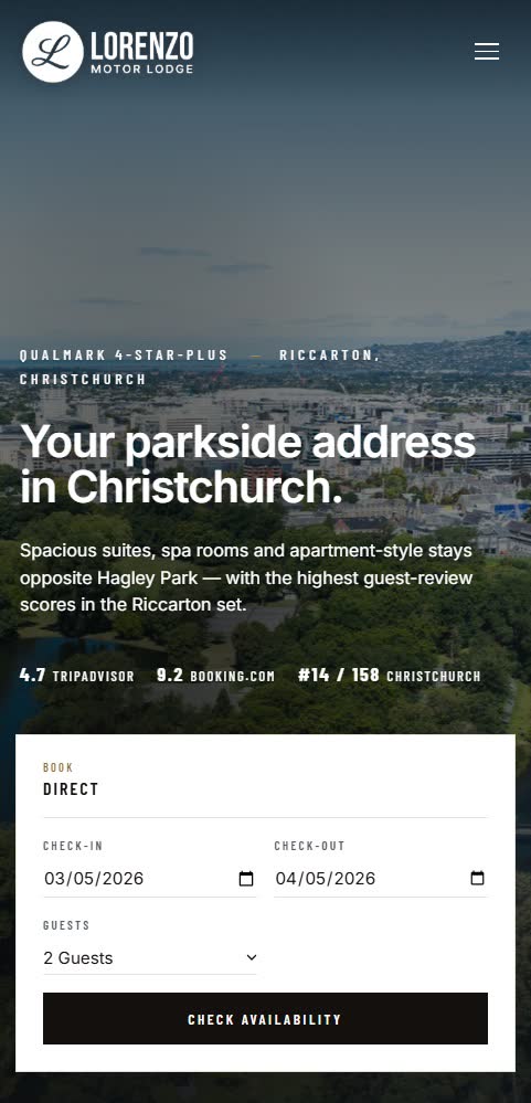 Lorenzo Motor Lodge website, mobile view