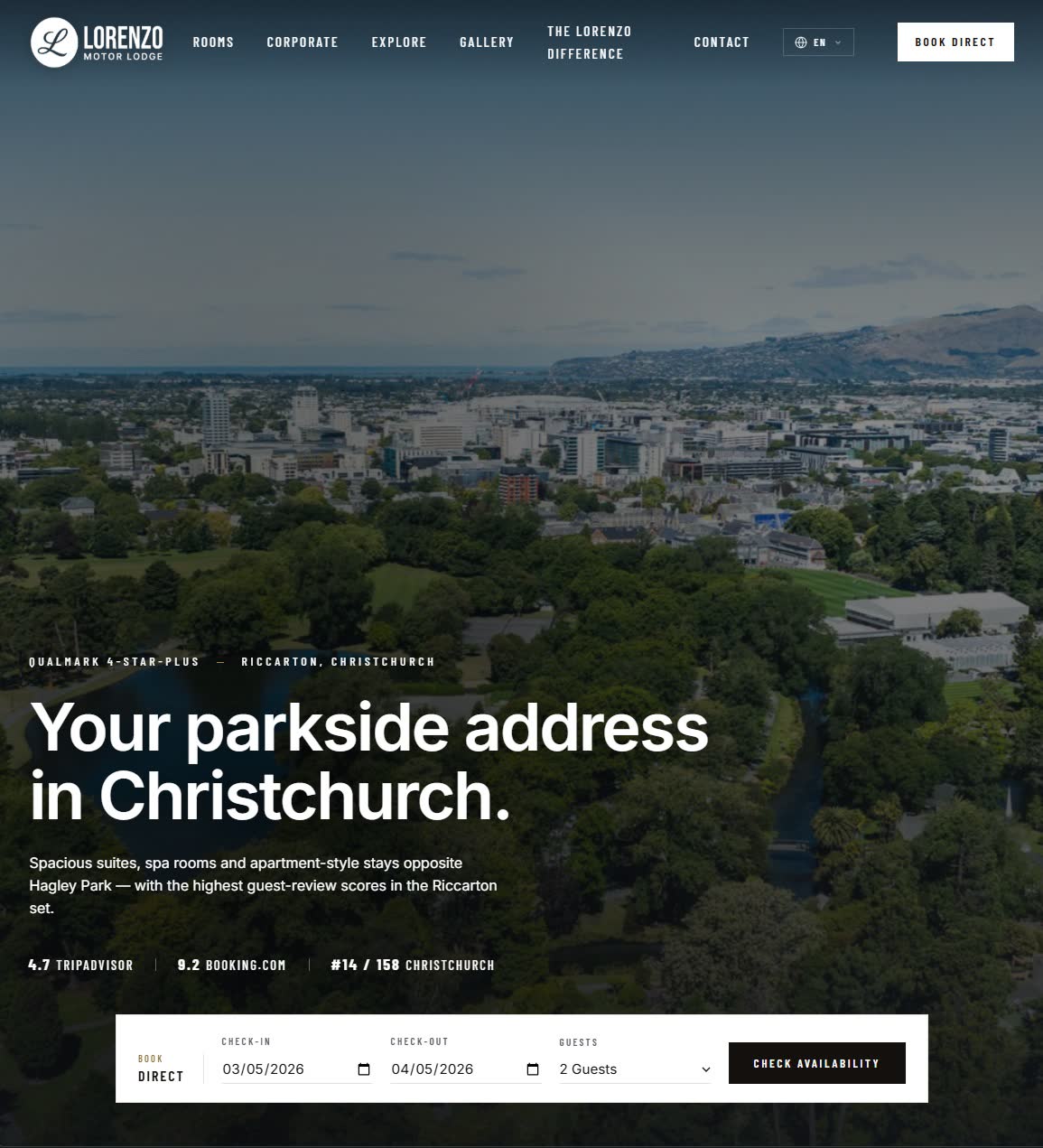 Lorenzo Motor Lodge website, tablet view