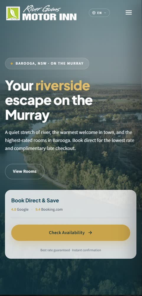 River Gums Motor Inn website on mobile